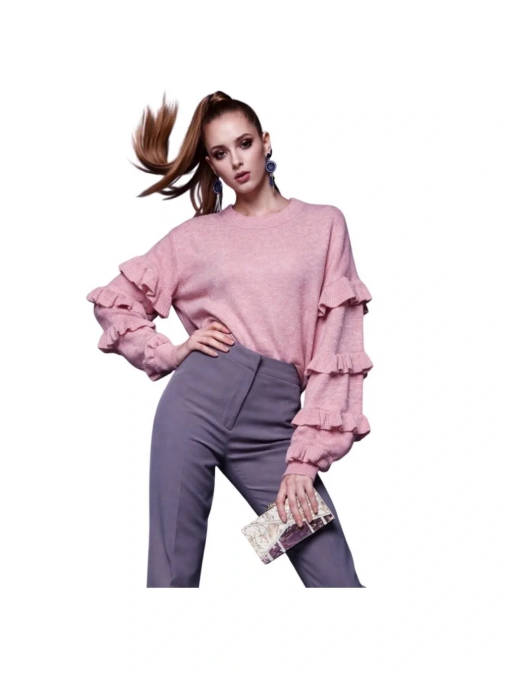 J. Crew Wool Blend Light Pink Ruffle Sleeve Sweater M